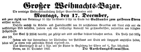 Anzeige vom Weihnachts-Bazar im Bornaer Tageblatt 1866