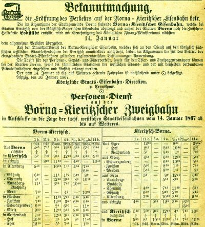 Bekanntmachung und erster Fahrplan im Bornaer Wochenblatt vom  12. Januar 1867
