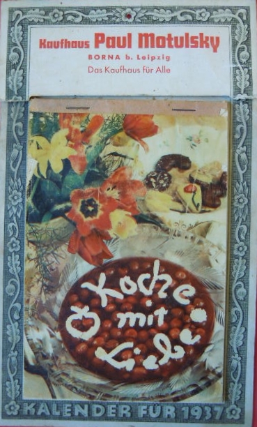Kalender mit Werbung des Kaufhauses Motulsky, 1937