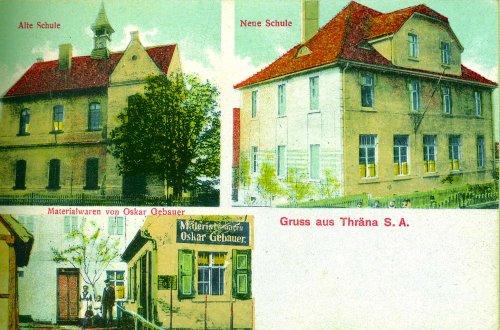 Postkarte von Thräna mit der alten und neuen Schule, um 1915