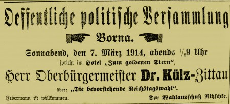 Anzeige im Bornaer Tageblatt vom 3. März 1914