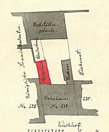 Grundriss des Wohnhaus und Werkstatt von Urban Kreutzbach am Kirchhof Borna (Stadtarchiv Borna)
