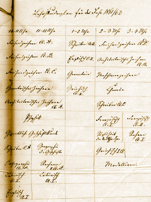 Lehrstundenplan der Sonntagsschule für 1861/62